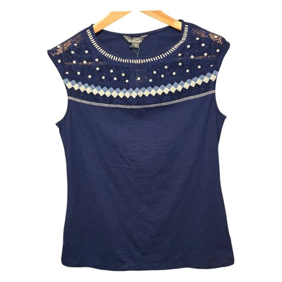 Eddie Bauer Lace Embroidered Top Womens Size Large Navy Blue Sleeveless Boho NWT - Picture 1 of 9